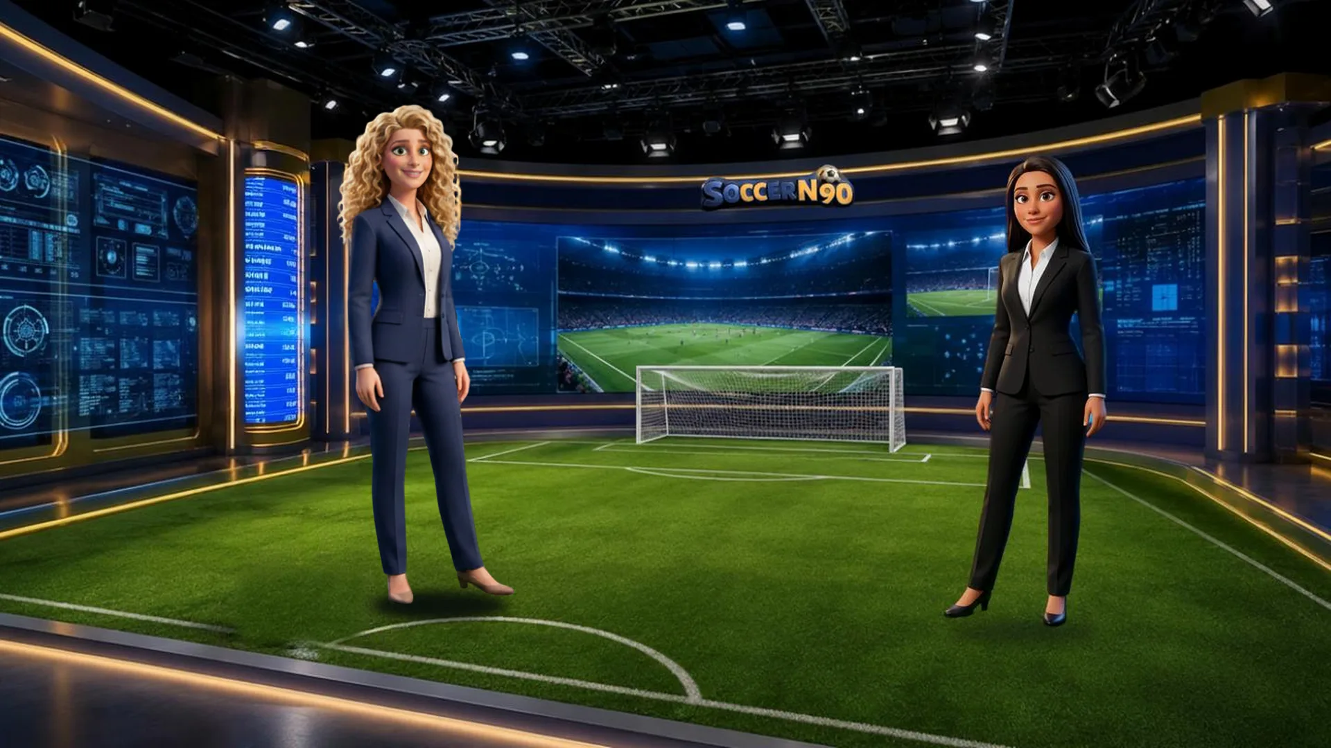 Hosts Ambra and Riley in the SoccerN90 studio: an indoor pitch surrounded by glowing tactics screens